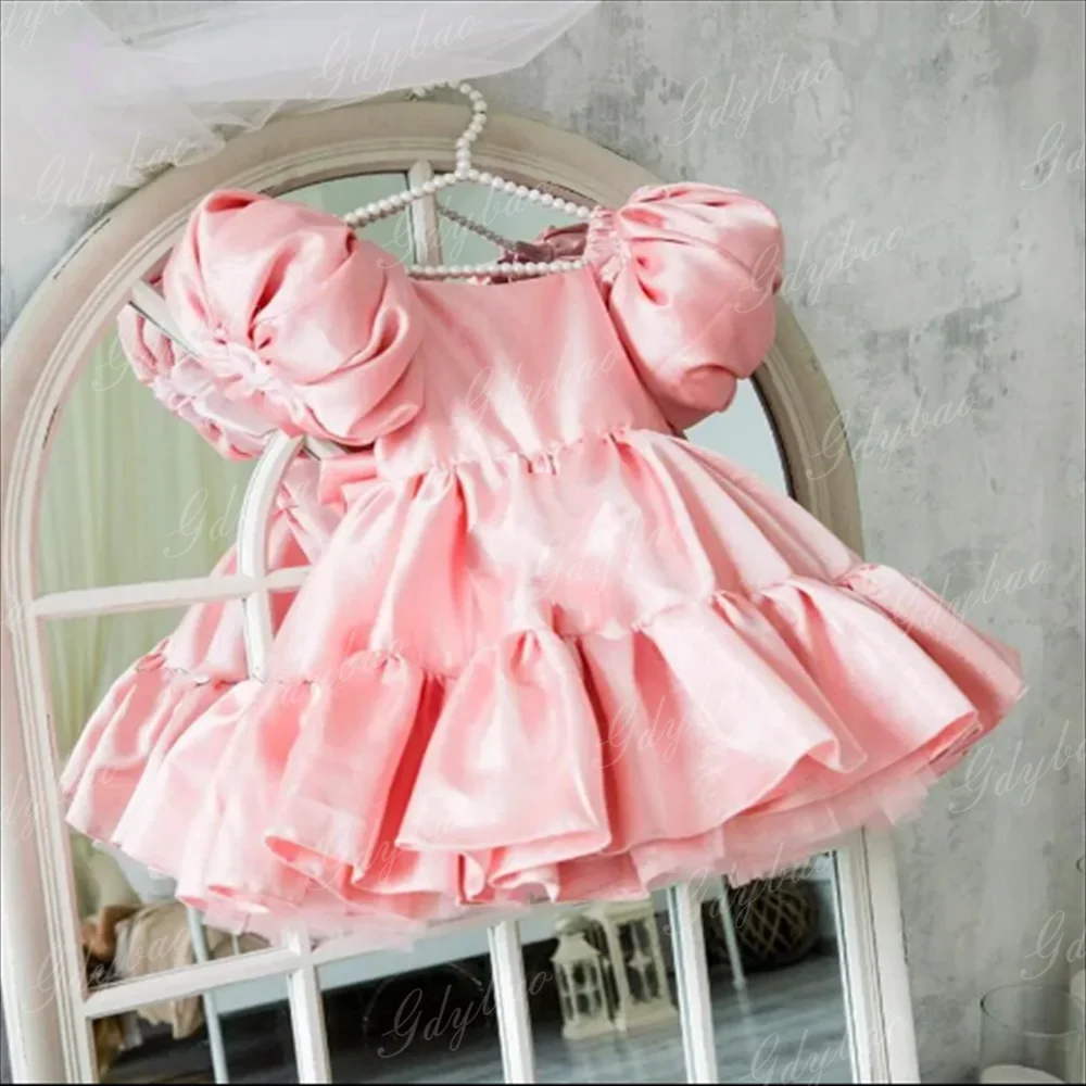 カスタムホワイトサテンバルーンスリーブガールドレスボウふわふわブライズメイドゲスト子供初聖体拝領誕生日パーティードレス