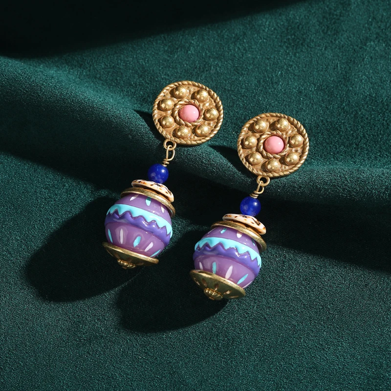 Vintage Ethnic Bohemia Glass Colored Ice Cream Dangle Earrings Purple Gold Color Stone Beads Handmade Women Girl Antique Jewelry