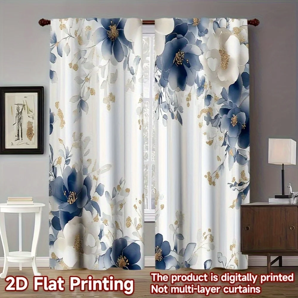 Elegant Blue and White Floral Print Curtains for Living Room Window Decor Modern Gold Leaf Accent Drapery Waterproof Home Style