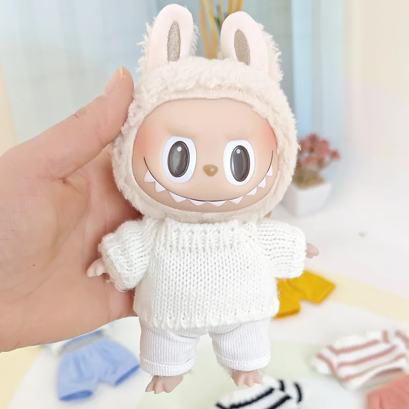 Roupas de boneca labubu 15cm/17cm, shorts universais e suéter listrado, conjunto para bonecas labubu i/ii idol, festa sentada