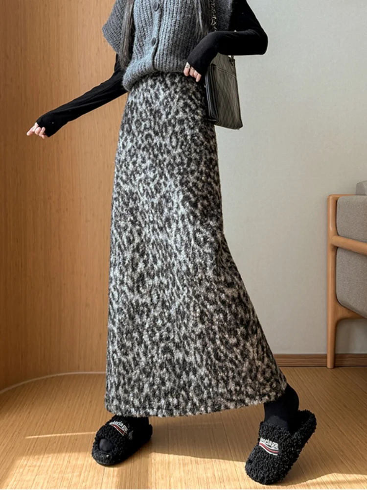 جديد الشتاء الرجعية ليوبارد طباعة سميكة ميدي تنورة للنساء عالية الخصر التخسيس سبليت المألوف الصوف مستقيم ألف خط تنورة #5