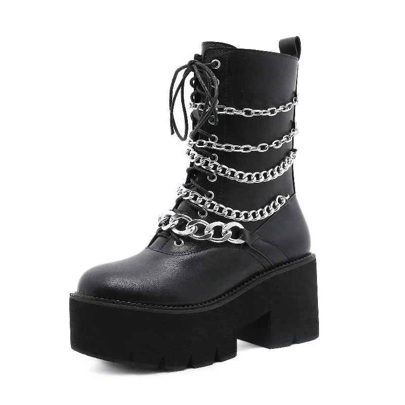 

Thick Bottom Fashion Chain Gothic Boots Women High Heel Motorcycle Boots Punk Style Designer Leather Woman Platform Ankle Boots