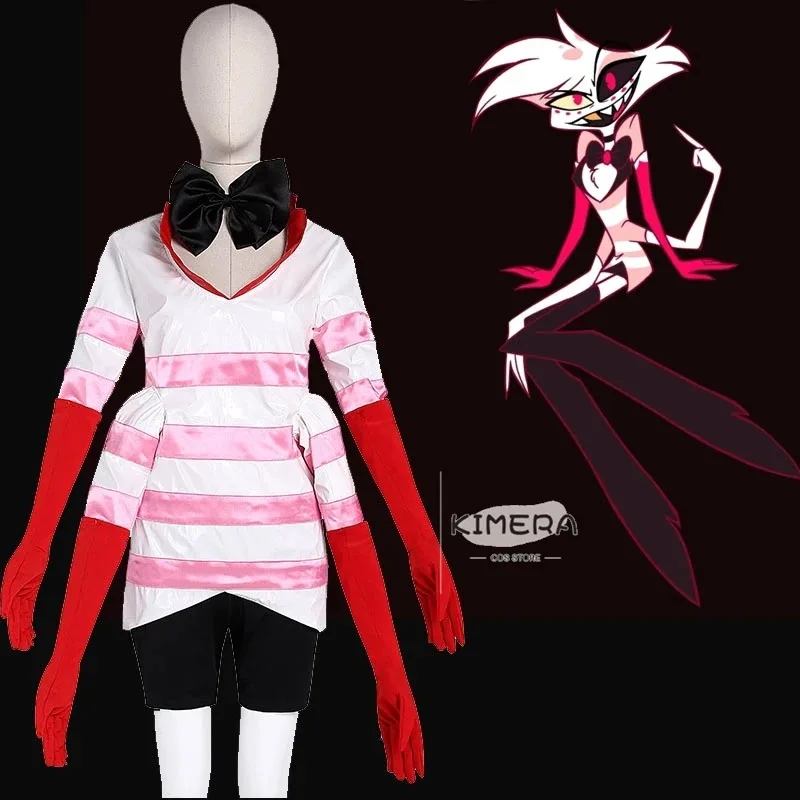 

Angel Dust ANGLEDUST Cosplay Costume Hazbin Uniform Stripe Suit Demon Hotel Halloween Carnival Helluva Anime Cosplay Clothes