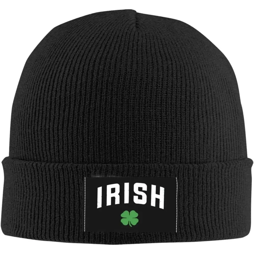 Distressed Irish St Paddys Day Shamrock Knit Cap Unisex Winter Warm Knitted Hat Black