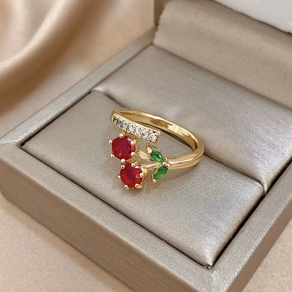 Fashion Gold Plated Copper Rings for Women Girls Cute Red Zircon Cherry Fruit Finger Ring Jewelry Gifts