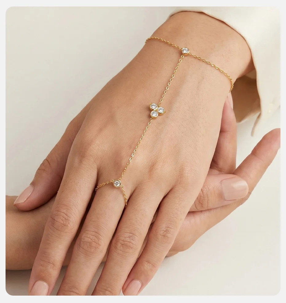 Vnox Elegantes Herz-Blumen-Zirkon-Armband mit Fingerring für Damen, Vergoldet mit Rosa CZ Tropfenförmigem Mehrschichtigem Ring-Armband, Party-Schmuck – Detail 7