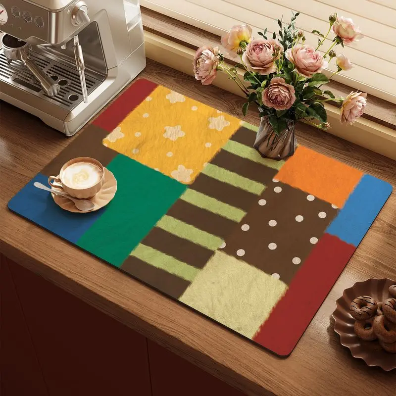 Retro Color Blocking Kitchen Drainage Mat, Anti Slip Coffee Machine Tableware, Kitchen Countertop Protection Mat