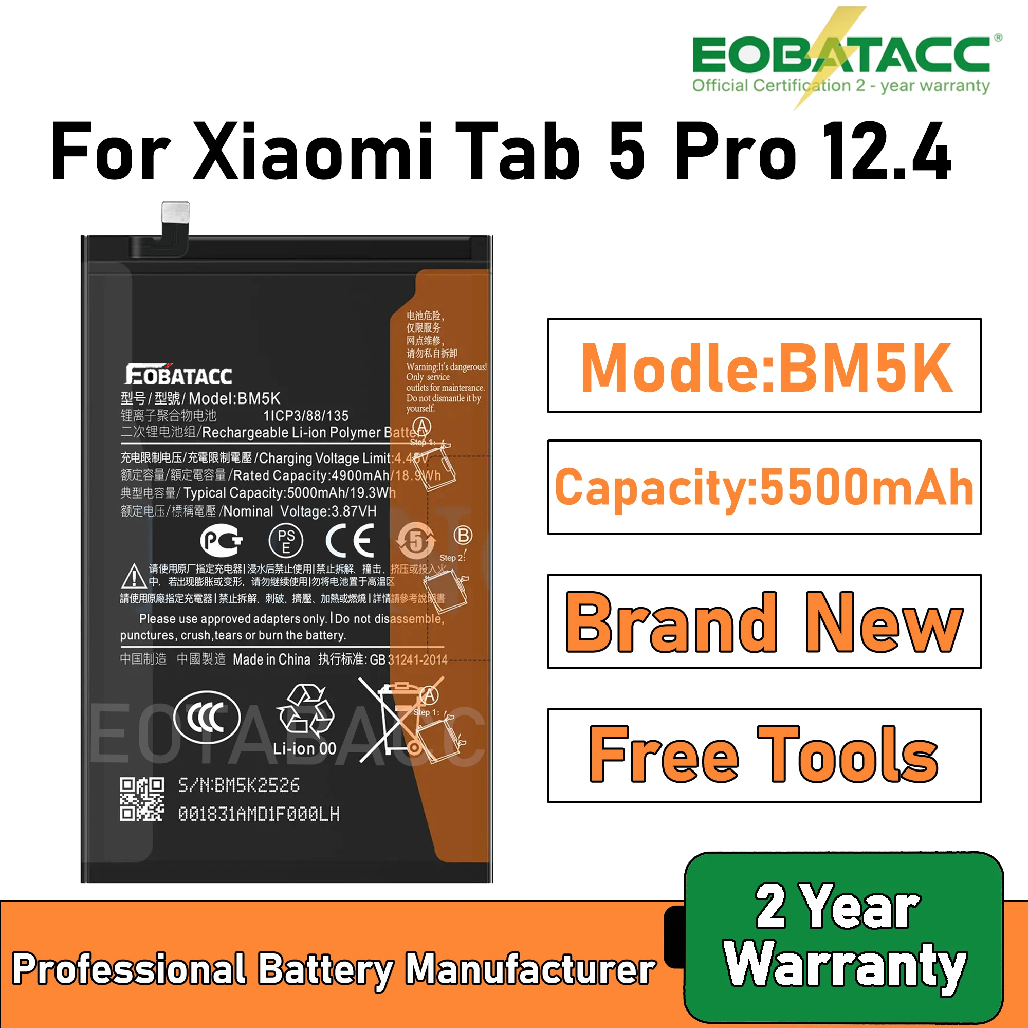2025 Years EOBATACC 100% New BM5K  Battery For Xiaomi Tab 5 Pro 12.4  5000mAh Batteries+Free Tools