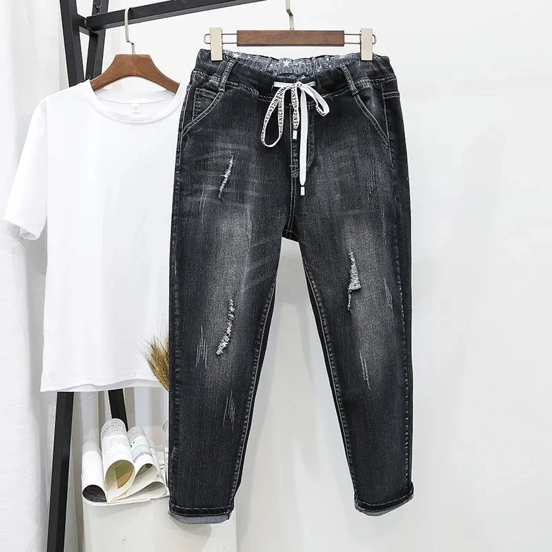 

Denim Jeans Womens Large Size XL-6XL Loose Brand European And American Thin Loose Harem Cropped Pants Women New Elastic Waist