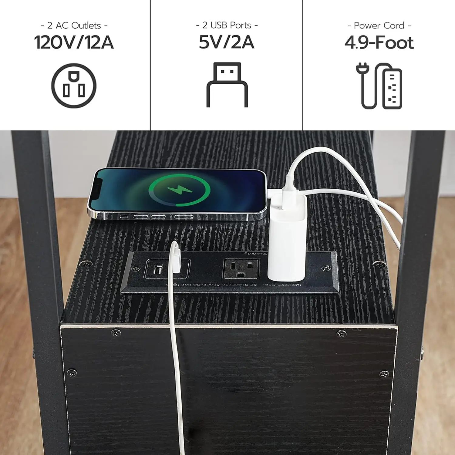 Juego de 2 mesas auxiliares con estación de carga, mesa auxiliar estrecha con cajones, puertos USB y tomas de corriente, mesita de noche para espacios pequeños