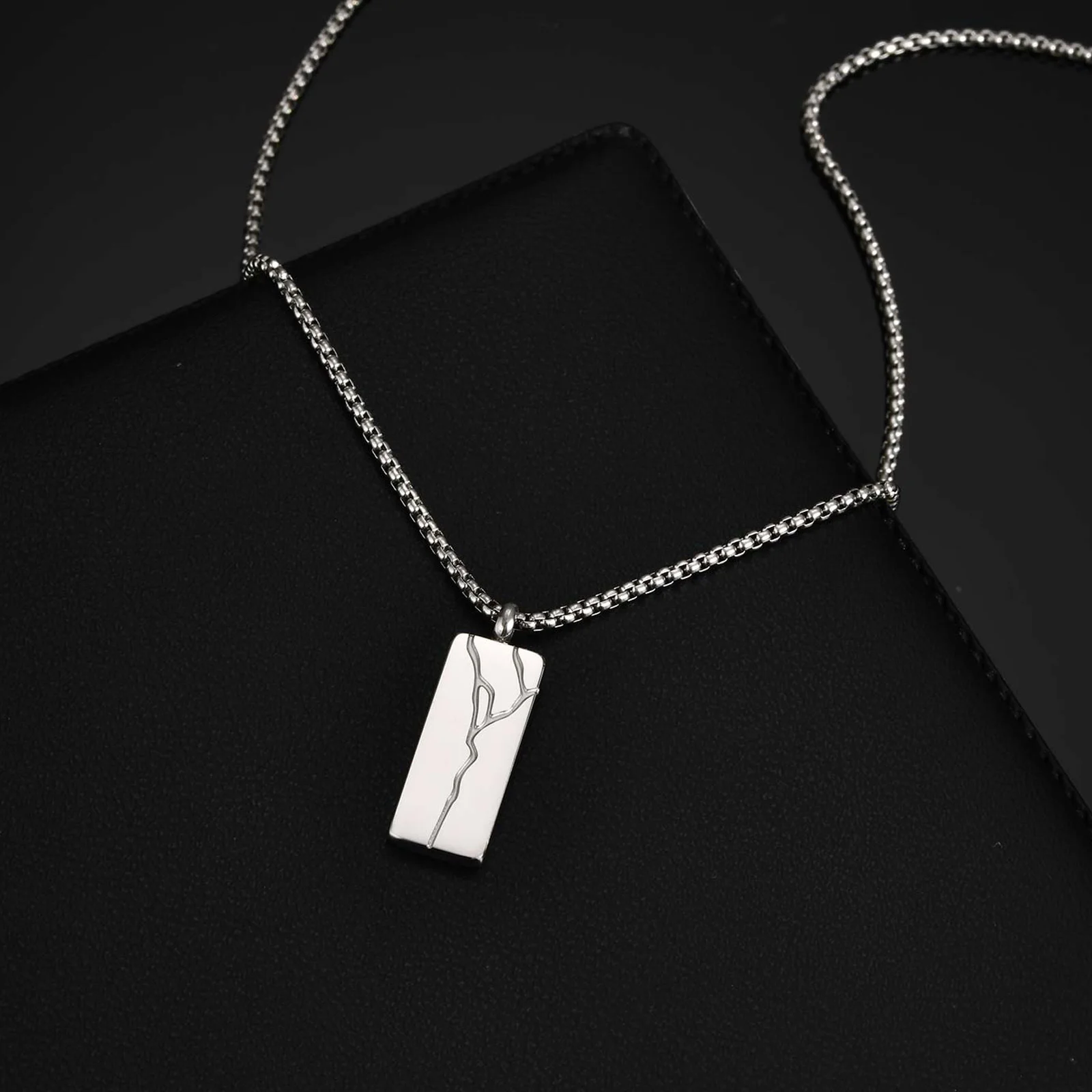 Stylish Crack Square Pendant Necklace for Men,Trend Stainless Steel Vertical Pendant,Jewelry Gift for Husband Dad Son