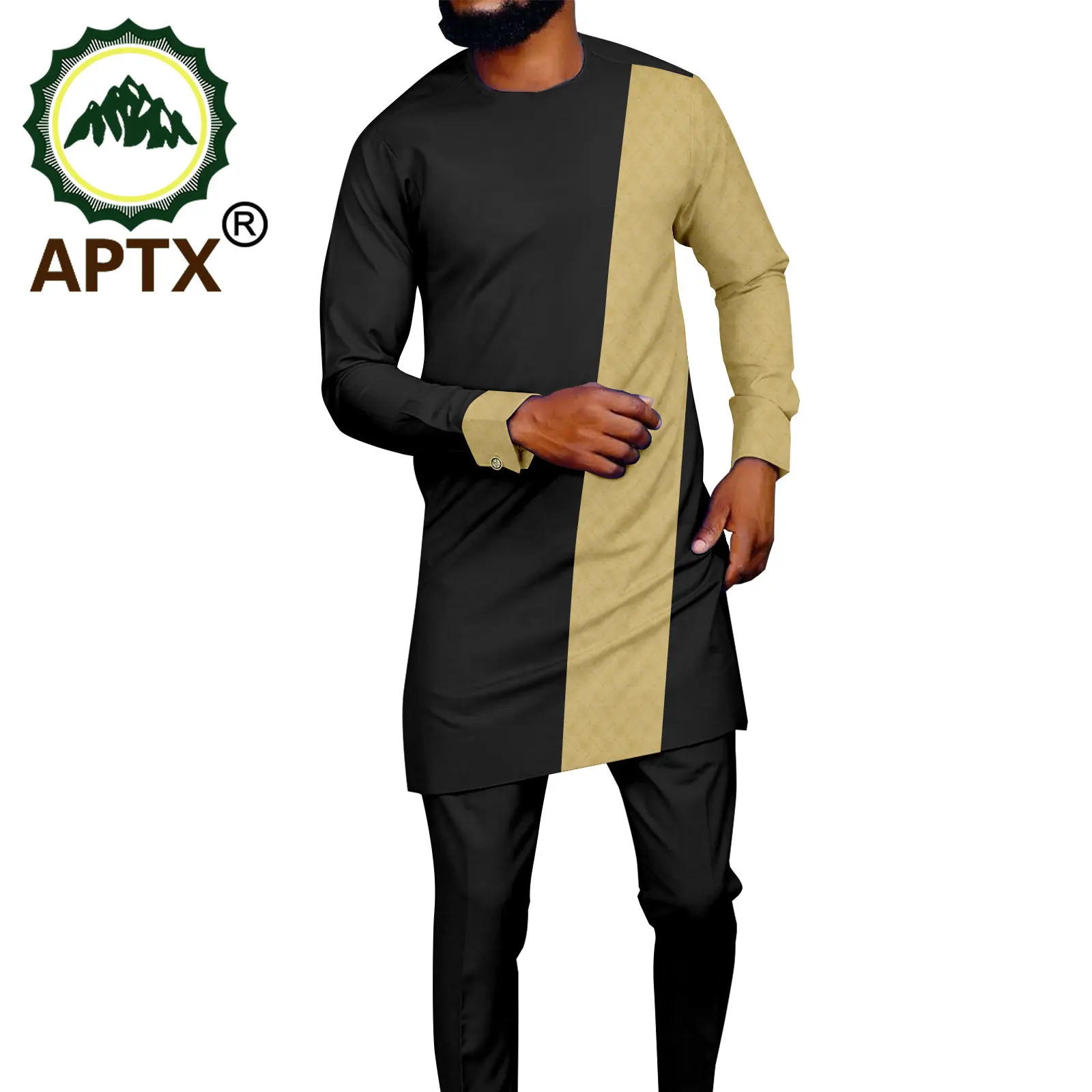 APTX African Men's Set Ankara Clothing 2 Pieces Long Patchwork Top+ Full Length Pants Daily Casual Suit A2216168