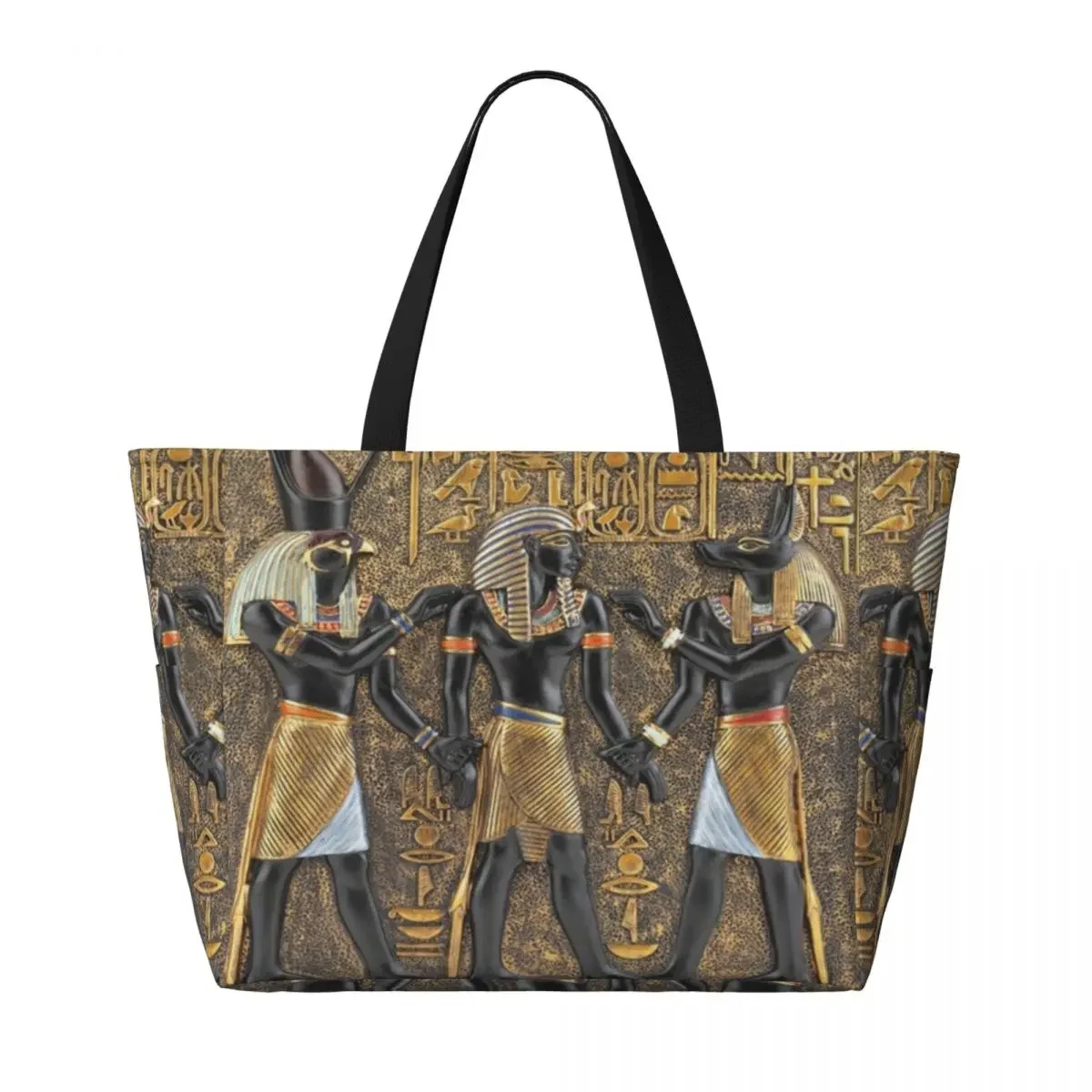 Custom Ancient Egypt God Horus And Anubis Beach Tote Bag for Women Egyptian Hieroglyphs Large Compartment Gym Beach Travel Bags