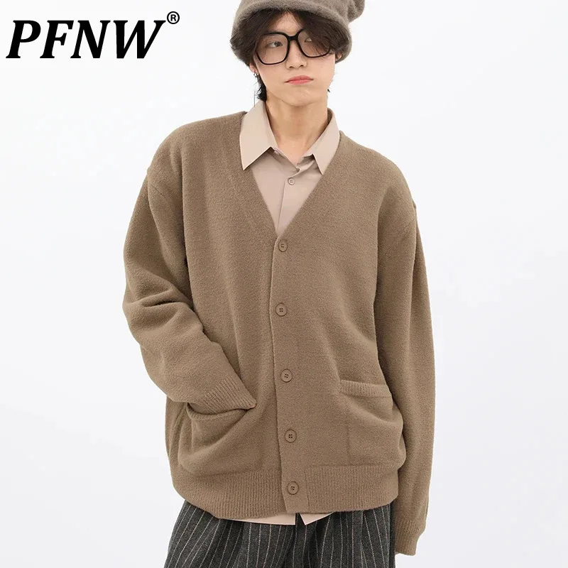 

PFNW Korean Minimalist Basic Style Solid Color Brushed V-neck Sweater Knitted Button Up Cardigan Tops For Men And Women 28W5387