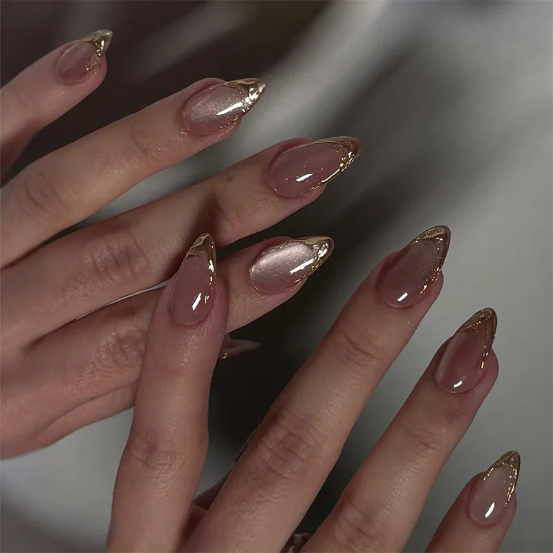 

24Pcs Cat's Eye Irregular Gilded False Nails Press on Mid-length Almond Fake Nail Simple Wearable Finished Full Cover Nails Tips