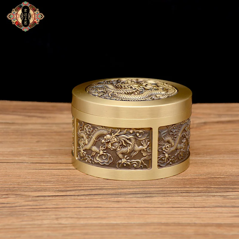 Brass die-cast storage jar, double dragon playing with a pearl tea canister, decorative gift item