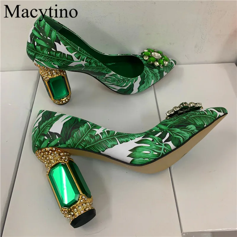 2024 New Arrival Print Design Ladies High Heel Shoes Pointed Toe Chunky Heel Diamond Heel Fashion Party High Heels