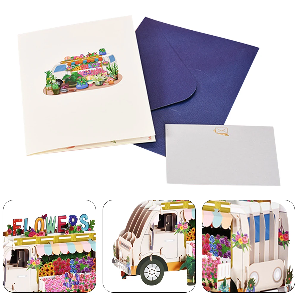 

3pcs 3D Flower Car Greeting Cards Birthday Kids Supplies Pop up Blessing Festival Child Premium Paper Smooth Writing Special