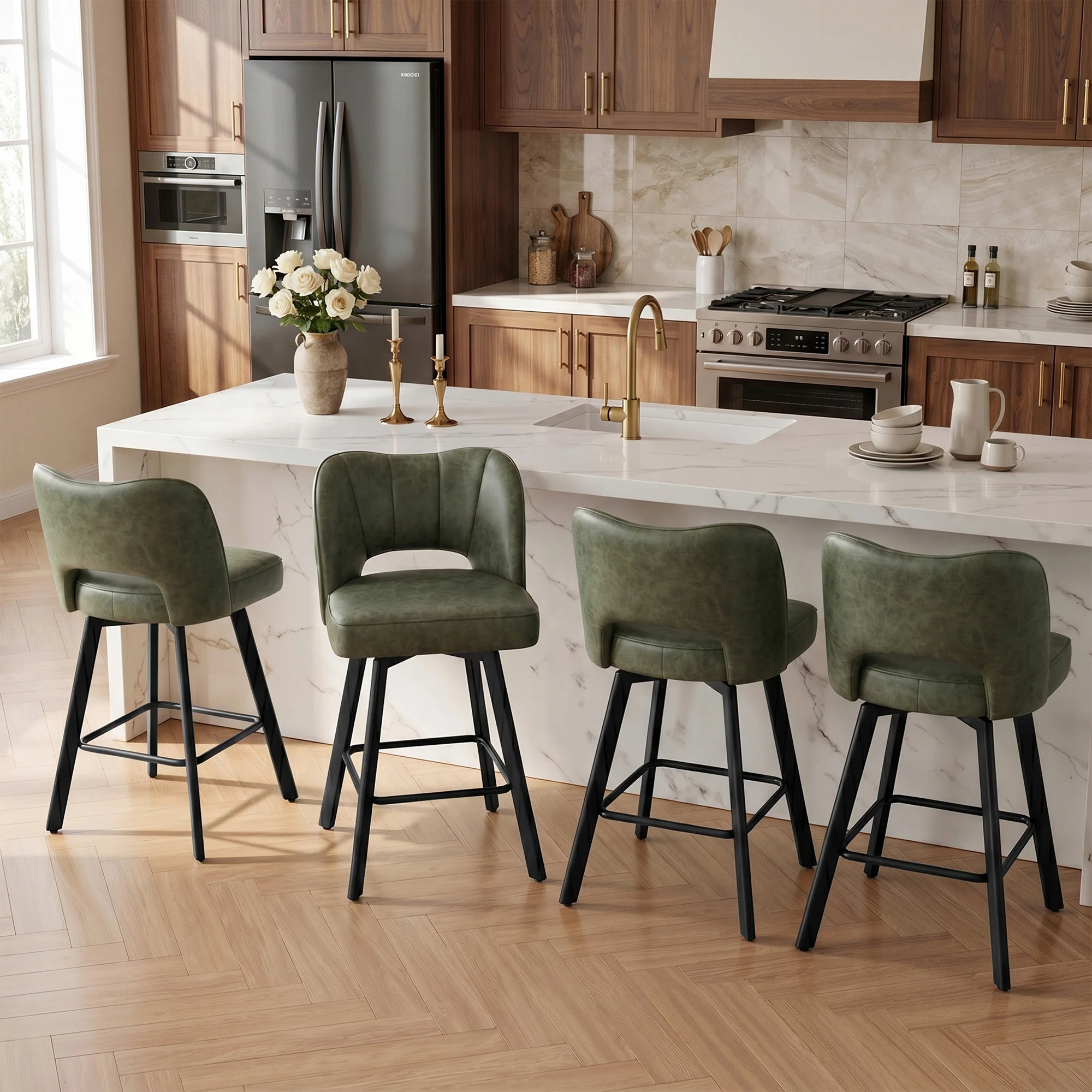 Set of 4 Bar Stools, Counter Height Bar Chairs with Curved Backrest & Footrest, Upholstered Modern Bar Stools for Kitchen Island, Black Metal Legs, Tan/Olive Green 3