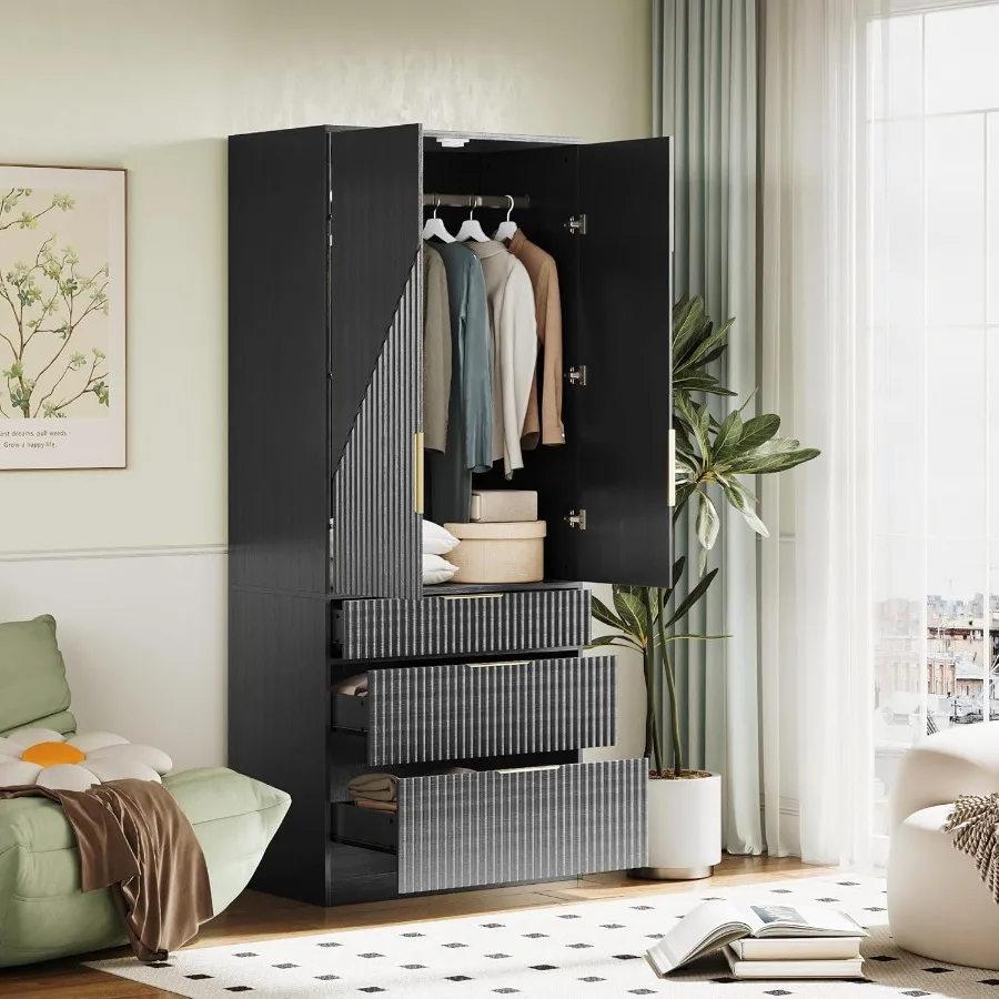 71.7 Freestanding Wooden Wardrobe Armoire with 2 Doors and 3 Drawers for Bedroom Storage Large Capacity Closet with Hanging Rod