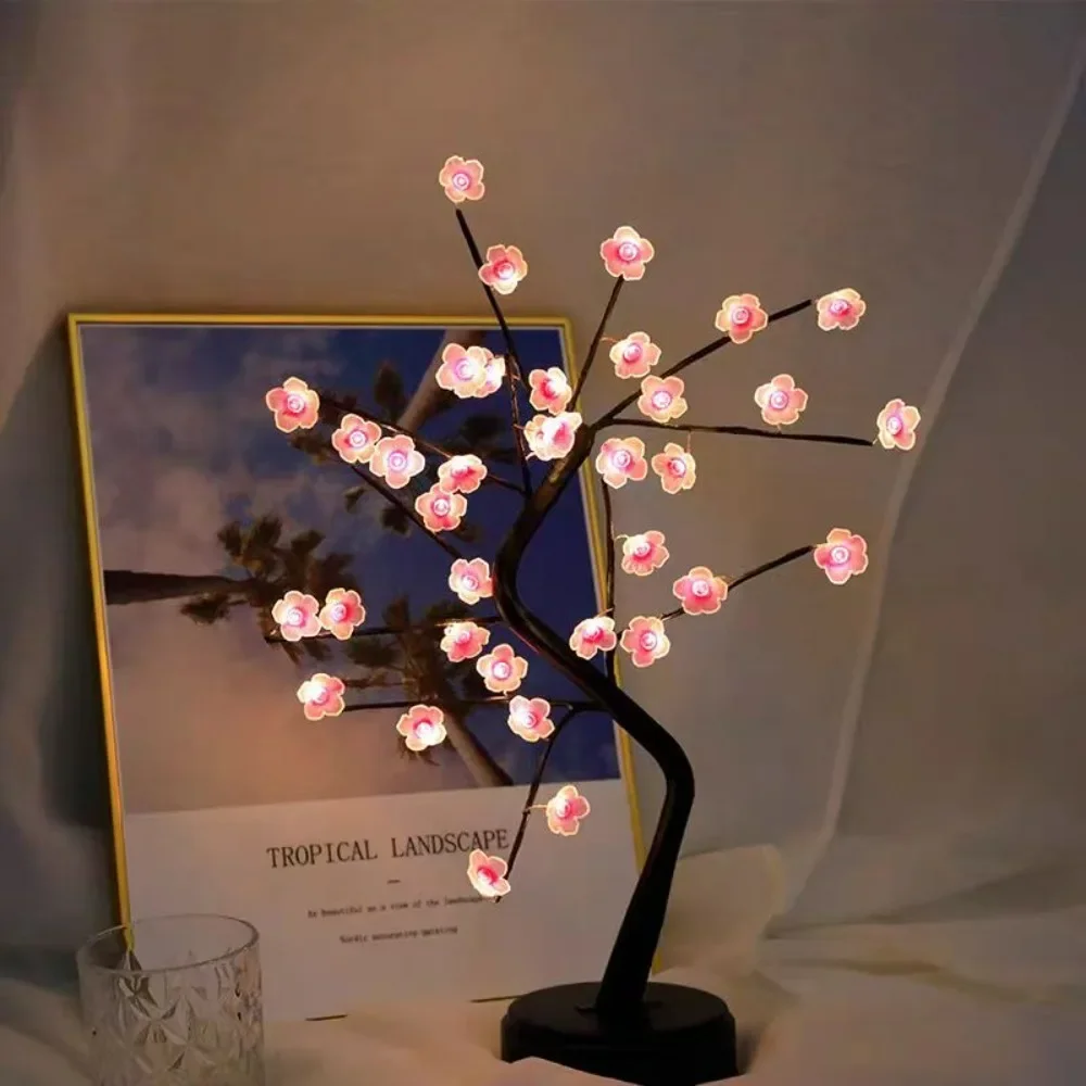 Home Decoration USB/Battery Powered Touch Switch Warm White Artificial Bonsai Cherry Blossom Desktop Tree LED Lamp  Night Lamp