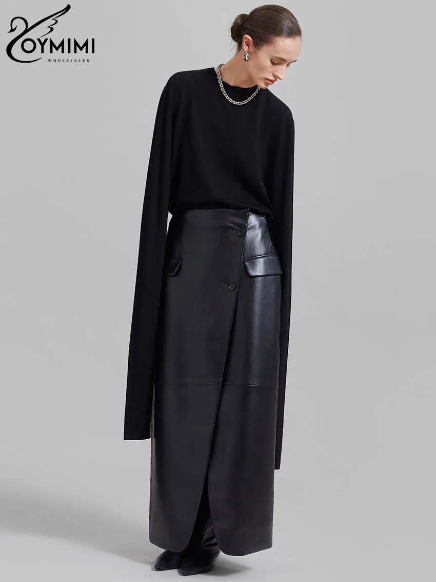 Oymimi Casual Black Pu Leather Skirts For Woman Elegant Button High Waisted Skirts Fashion Pockets Straight Skirt Streetwear