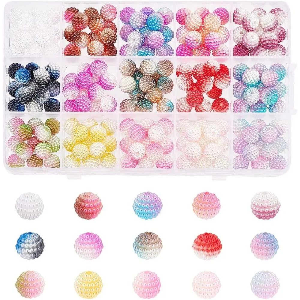 195 Pcs Berry Beads 15 Colors Imitation Pearl Acrylic Beads Round Rainbow Gradient Spacer Beads Charms for Bracelet Necklace