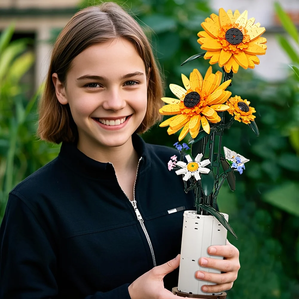 مجموعة مكعبات بناء عباد الشمس مع مزهرية، إضافة لونًا إلى منزلك، هدية عيد ميلاد، هدية العيد