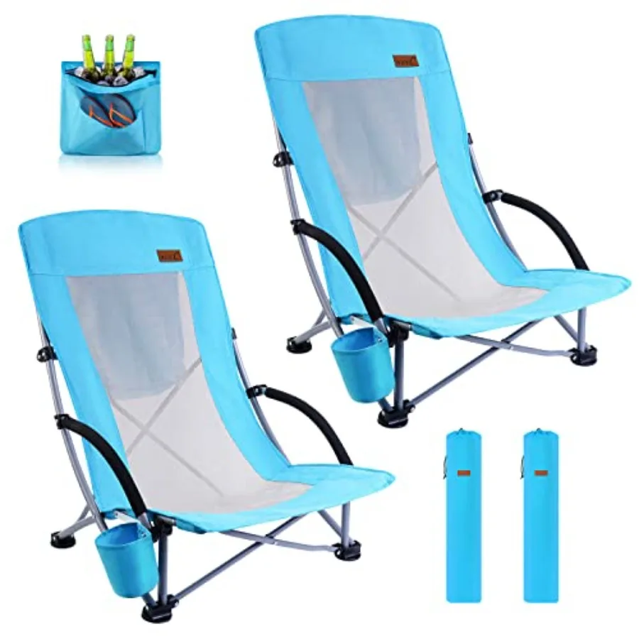 

Beach Chair for Adults 2 Pack Blue: Compact High Back with Cooler Cup Holder Carry Bag Heavy Duty Outdoor Use for Camping BBQ T