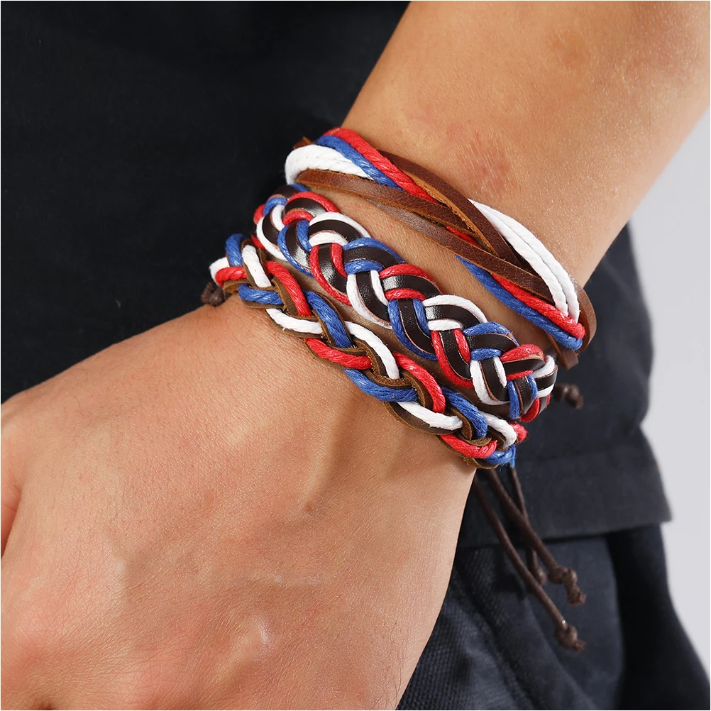 

Braided Flag Bracelet Set Adjustable Woven Alloy Wax Thread Charm Bracelets for Girls Men Sports Activities