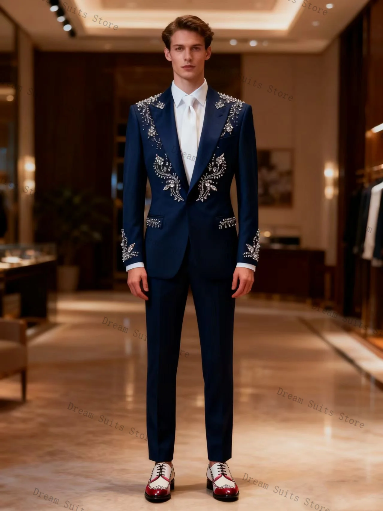 

Blue Men Suit Set 2 Piece Blazer+Pants Trousers Crystals Stone Customized Formal Office Jacket Wedding Tuxedos Prom Coat