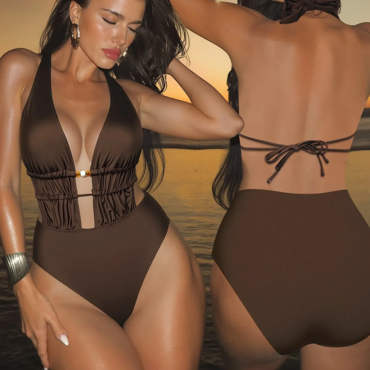 2026 New Women Solid Deep V Halter One Piece Swimsuit Drawstring Backless Sexy Monokini Beach Bathing Suit