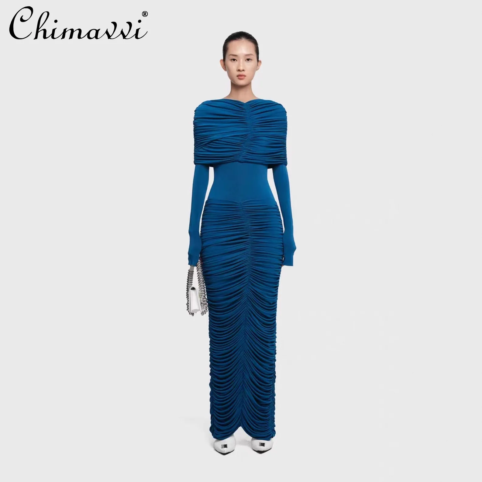 Robe plissée à manches longues pour femmes, haut de gamme, mode automne et hiver, élégante, coupe cintrée, moulante, robes longues de soirée, nouvelle collection 2025