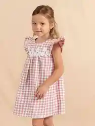 Summer Kids girls Fresh sweet pink plaid embroidered flowers play with flying sleeves simple breathable comfortable dress