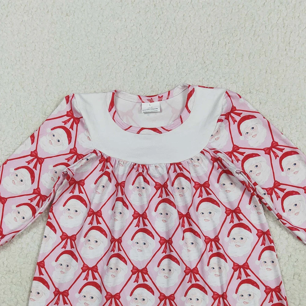 فستان للفتيات الصغيرات لعيد الميلاد منقوش بطول الركبة وردي بأكمام طويلة وتفاصيل فيونكة سانتا فستان عطلة للأطفال منقوش باللون الأحمر #2