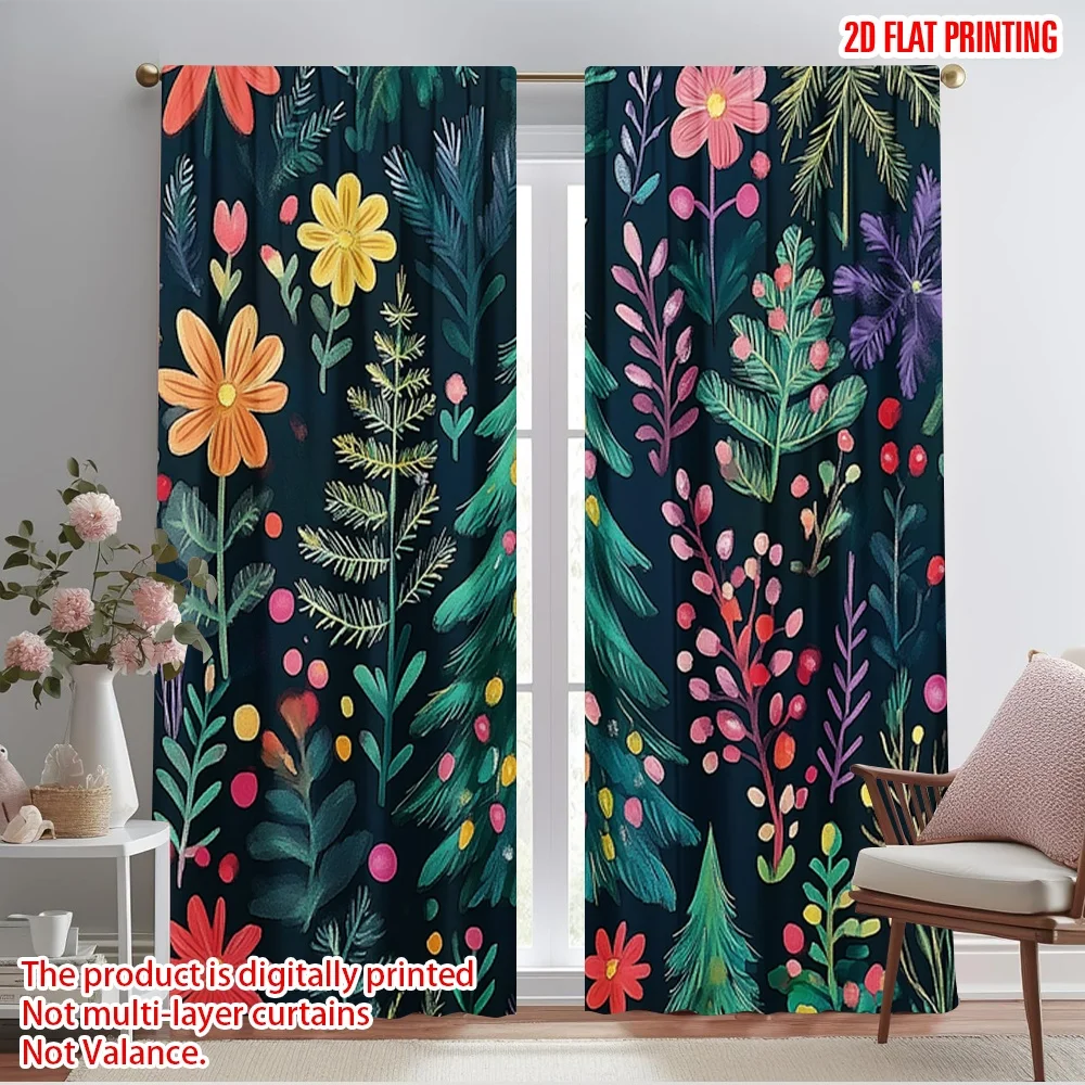 2pcs,2D plane printing Curtain Popular Christmas Trees Floral Festive Versatile Polyester Fabric (without rod) Festive Perfect