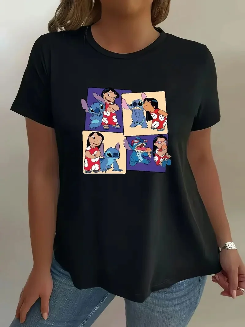 

2025 Disney Pattern Printed Women's Casual Comfortable Unique Smiling Face Black Round Neck Short Sleeve T-shirt