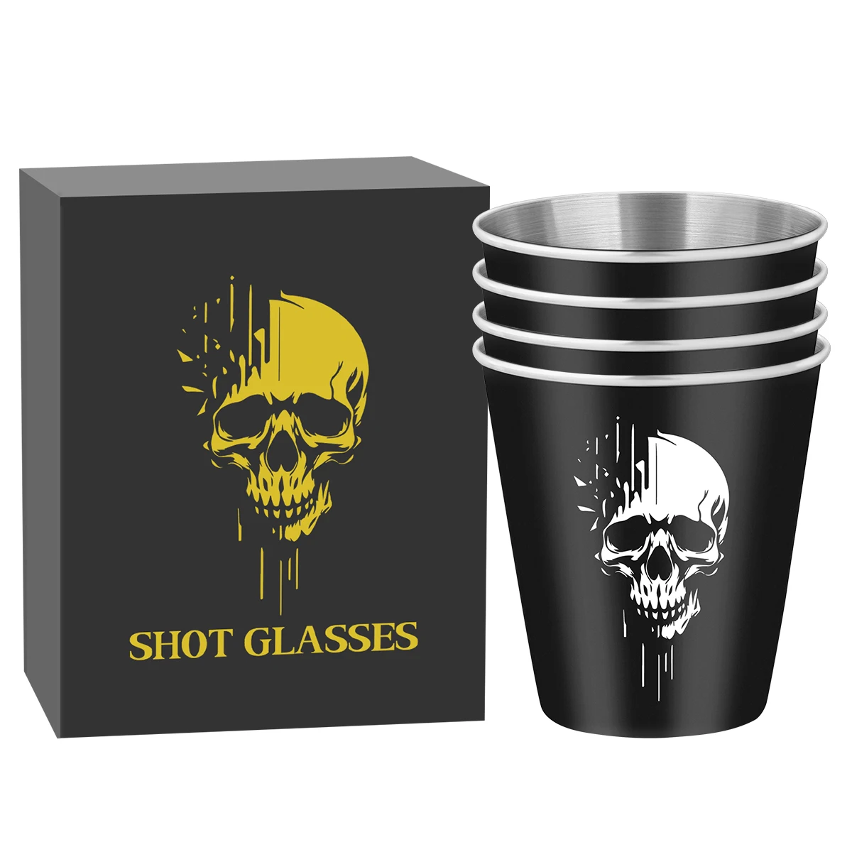 LKKCHER 70ml Stainless Steel Wine Glass 4pcs/Set Skull Pattern Shot Glasses 0.8oz Beer Drink Cup Gift Set Box for Father Dad Men