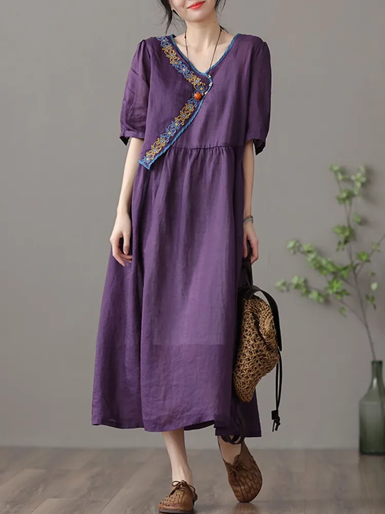 Women Summer Casual Dress New Arrival 2023 Vintage Style V-neck Floral Embroidery Loose Ladies Elegant A-line Long Dresses B2569