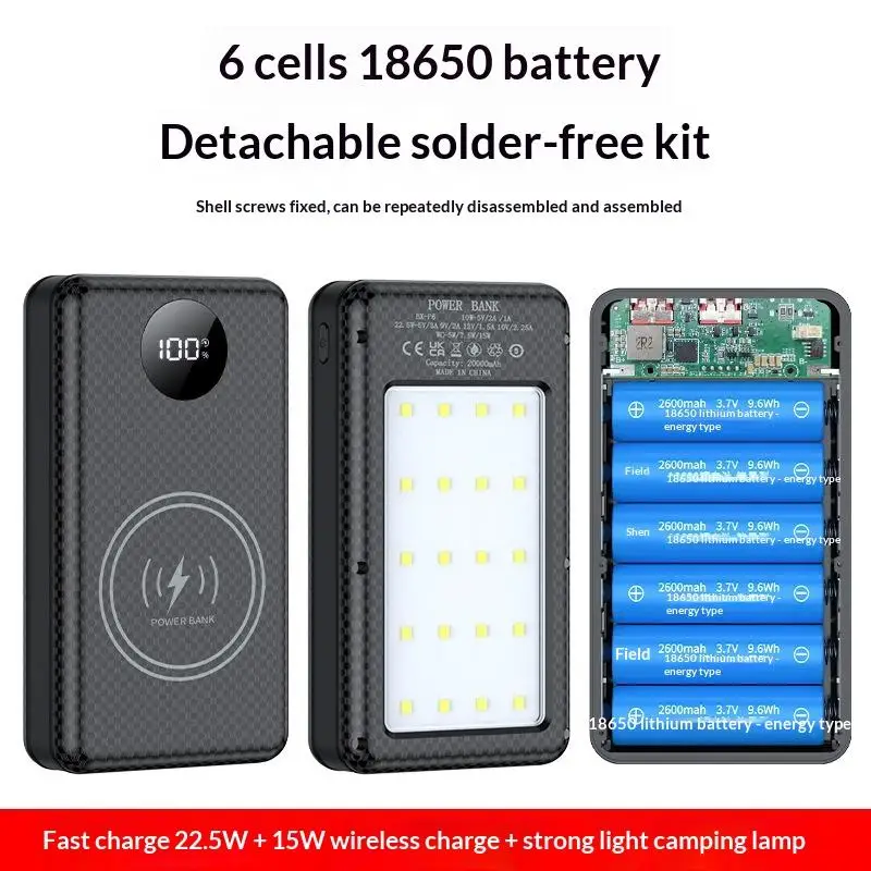 Dual USB Type C Power Bank Shell with Camping Lights, 6*18650 Battery Holder for Smartphone, Single Piece 18650 Battery Box