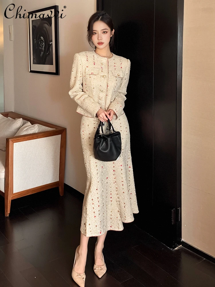 French Socialite Round Neck Single-breasted Long Sleeve Short Jacket High Waist Slim Fishtail Skirt Two-piece Sets Women Winter