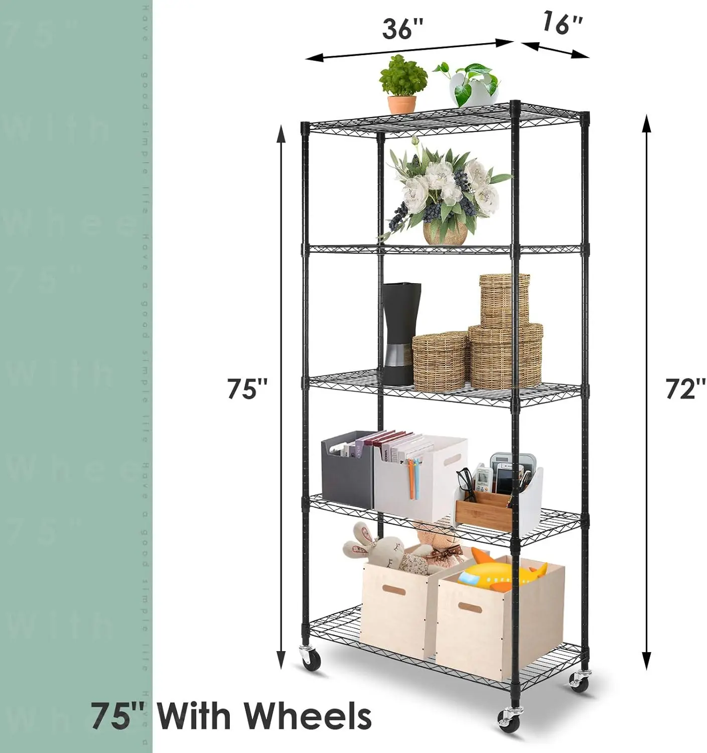 5 Tier Shelf Shelving Unit with Wheels,Adjustable Metal Shelves for Storage, NSF Certified Wire Shelving Rack,1750Lbs Capaci