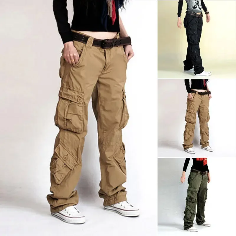

Womens Cargo Pockets Work Casual Trousers Loose Cotton Combat Baggy Pants