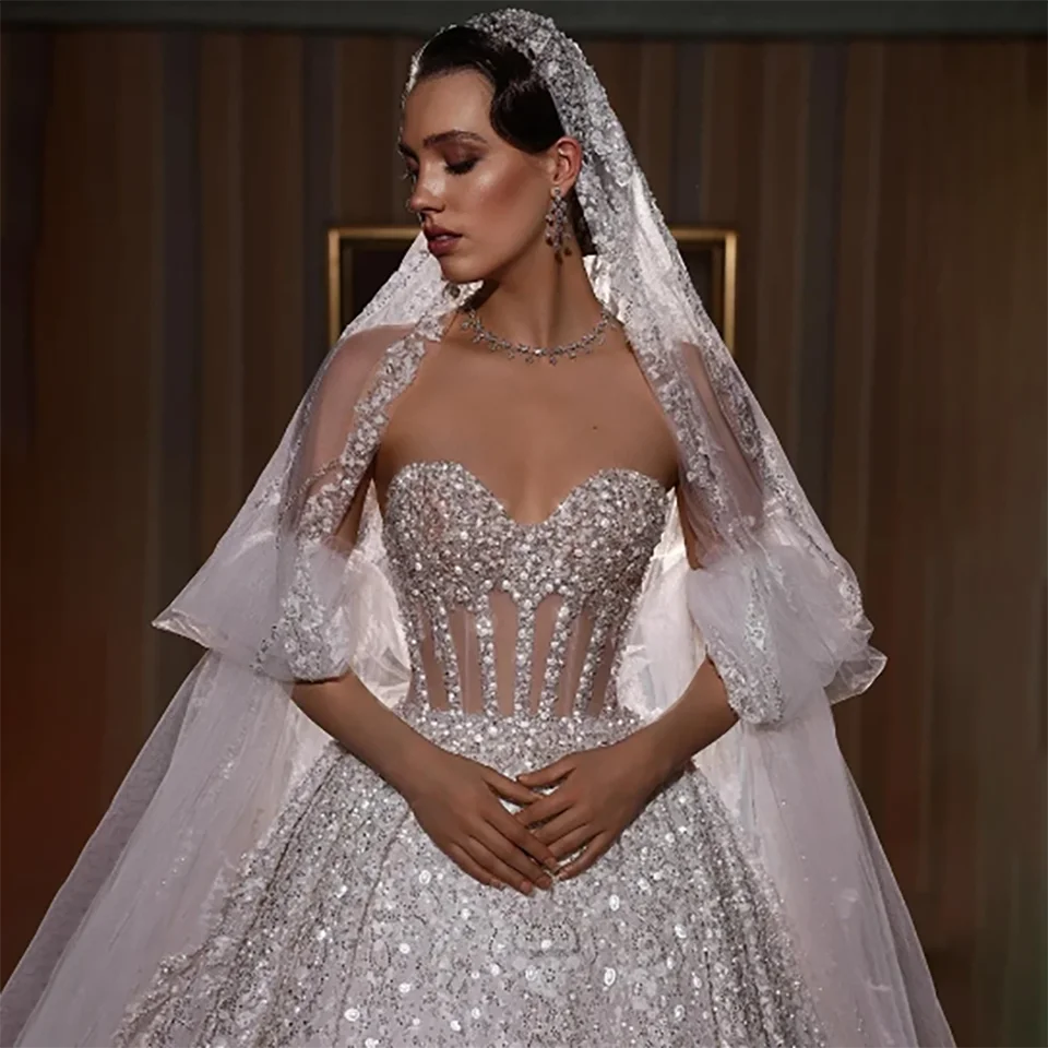 Personalizado brilhante cristal frisado vestido de baile vestidos de casamento 2025 ilusão sem alças com tribunal trem tule vestidos de novia