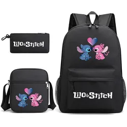 Mochila Disney-Lilo e Stitch com bolsa mensageiro, mochilas escolares casuais para meninos e meninas, conjuntos para estudantes e adolescentes, mochila, 3PCs