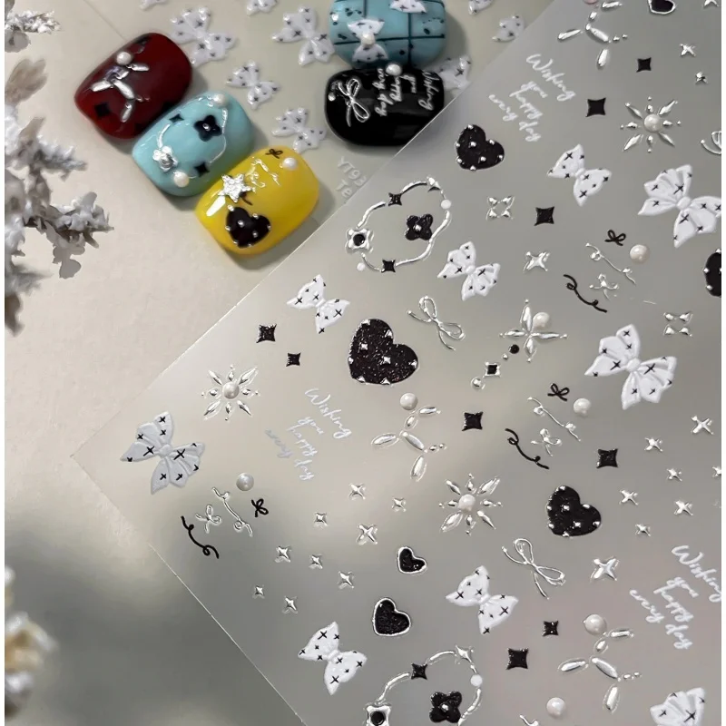 1Pcs Black Heart Polka Dot Bow Pearl Nail Stickers Metal Stars Gold Frame Self Adhesive Nail Decals Nail Art Decor DIY Manicure