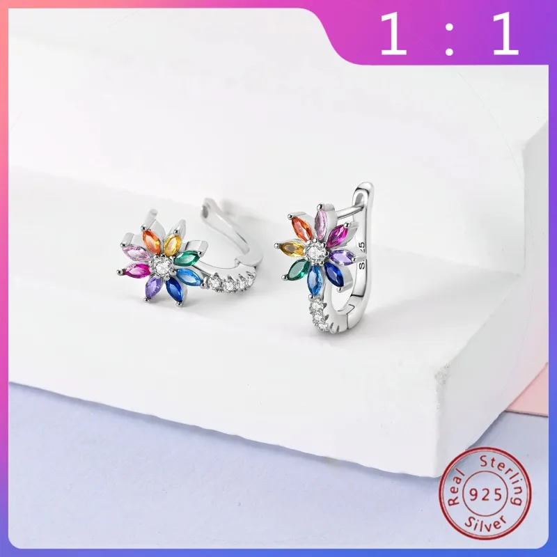 Pendientes de Plata de Ley 925 con Hebilla para Oreja – Forma de Flor de Arcoisiris، Aros Versátiles para Mujer