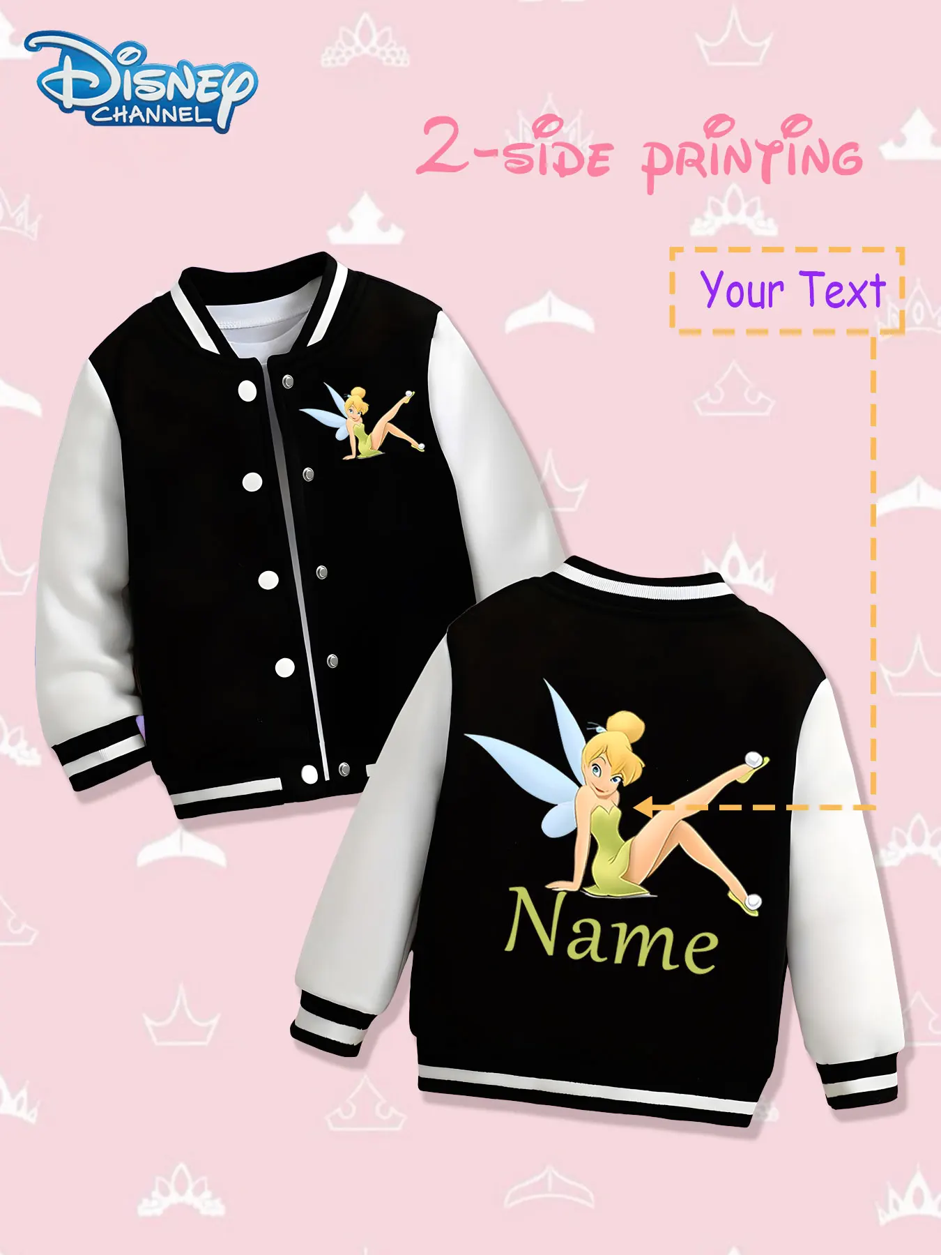 

MINISO Disney Tinker Bell Kids Baseball Jacket - Double-sided print with Tinker Bell's classic action shape, conveying the vital