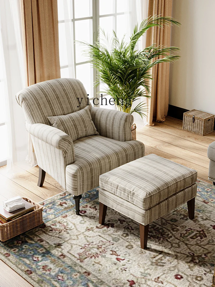 

ZK American Retro Leisure Sofa Chair Vintage Solid Wood Living Room Balcony Striped Single Sofa Lazy Recliner