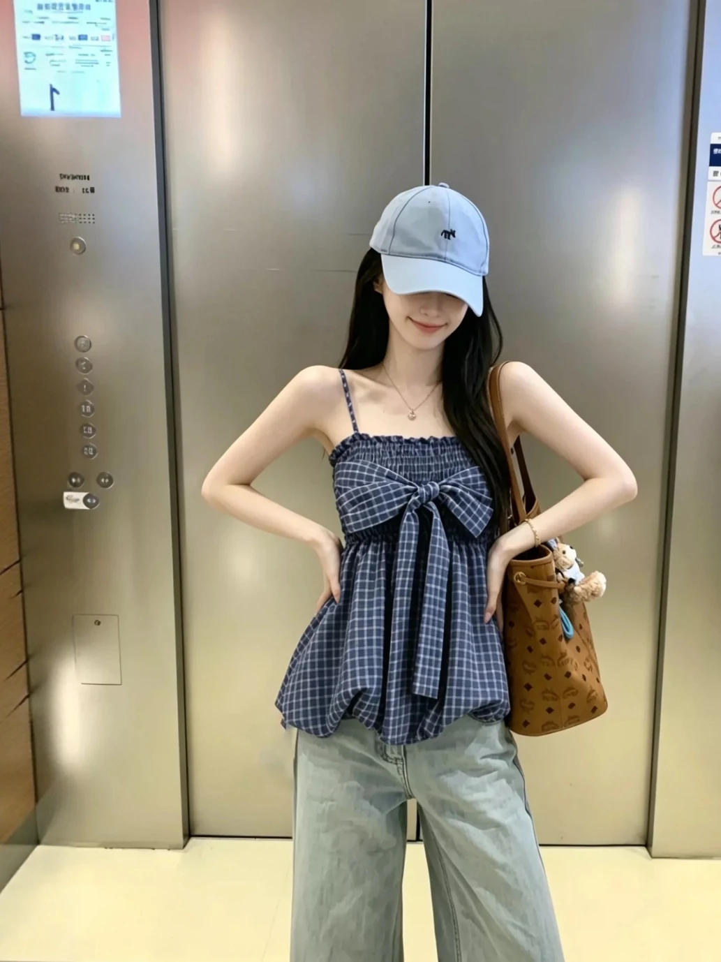 Blue Plaid  Knot Flower Bud Strap Vest Women's Summer Outerwear Design Slimming Sleeveless  Top